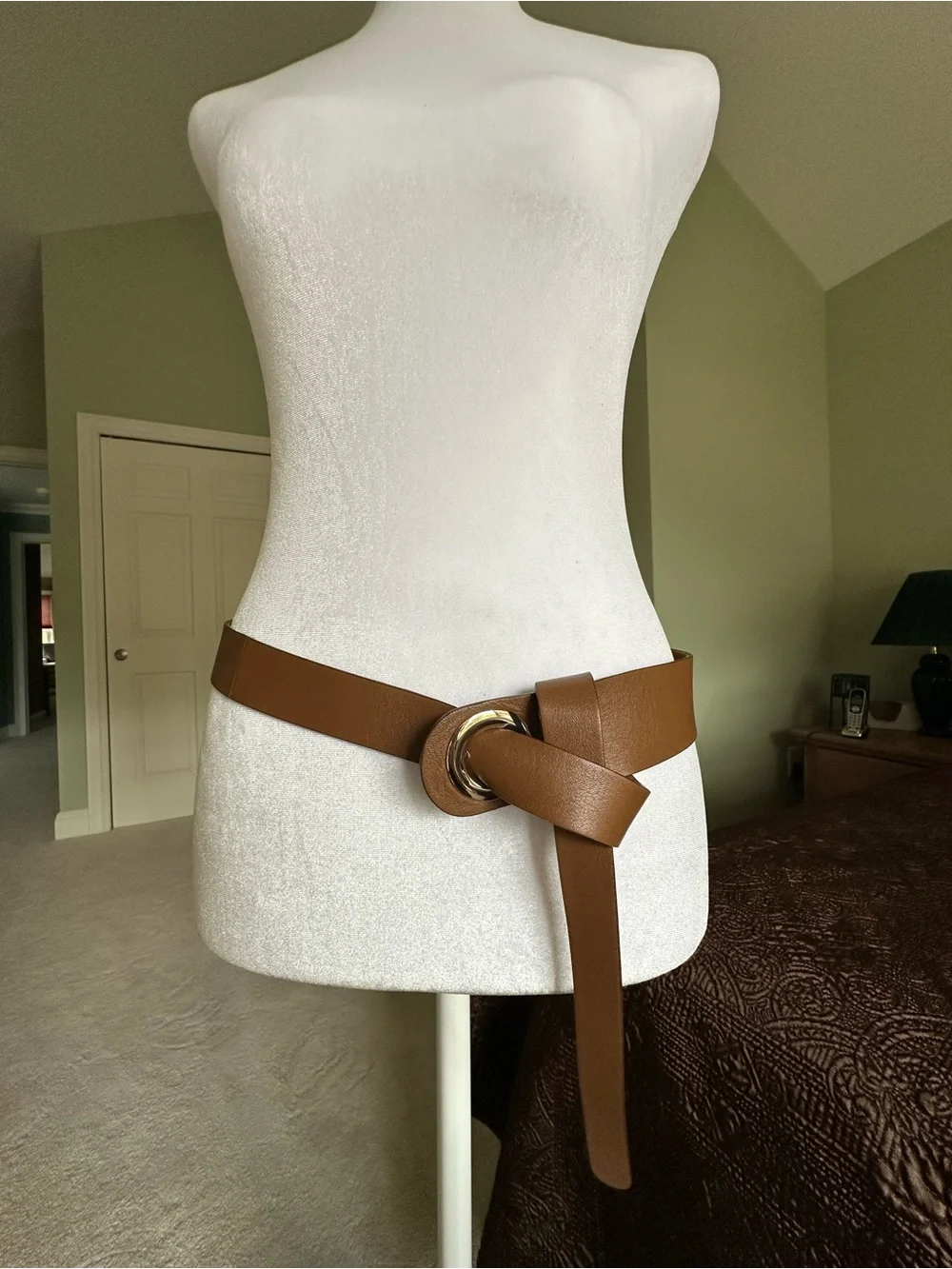 WHBM Cognac Brown Leather O-Ring Loop Wrap Belt M/L